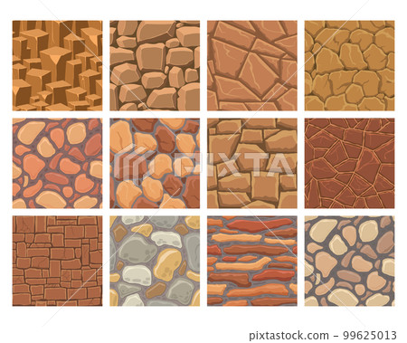 Cartoon game textures, rocks, dirt and ground surface seamless patterns. Game assets walls and environment backgrounds 99625013