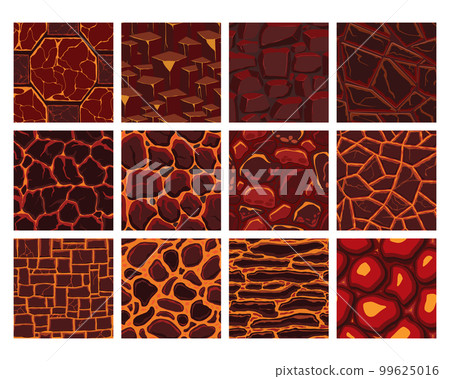 Cartoon game textures, lava surface seamless patterns. Game assets walls and environment backgrounds Cartoon game textures, lava surface seamless patterns. Game assets walls and environment backgrounds 99625016