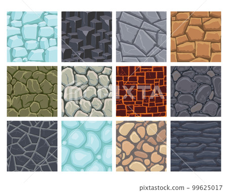 Cartoon game textures, lava, ice, rocks and brick, dirt and ground surface seamless patterns. Game assets walls and environment backgrounds Cartoon game textures, lava, ice, rocks and brick, dirt and ground surface seamless patterns. Game assets walls and environment backgrounds 99625017