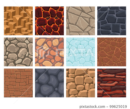 Cartoon game textures, lava, ice, rocks and brick, dirt and ground surface seamless patterns. Game assets walls and environment backgrounds Cartoon game textures, lava, ice, rocks and brick, dirt and ground surface seamless patterns. Game assets walls and environment backgrounds 99625019