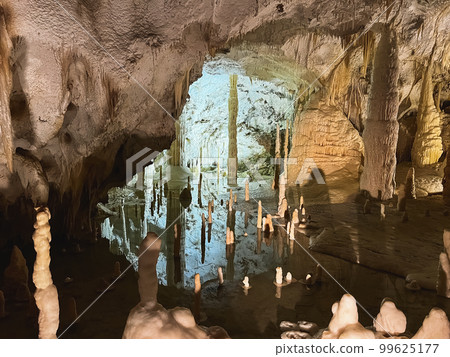 Inner Lake in Karst Cave with Limestone Formations 99625177