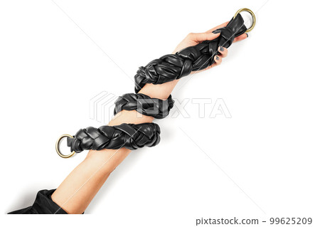 Black Leather Hand Bag Braided Strap around an Arm 99625209