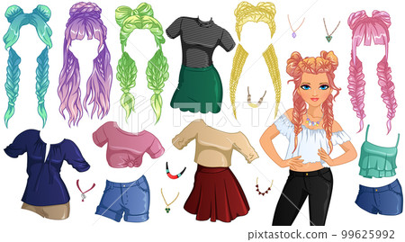 Braids and Buns Hairstyle Paper Doll with Clothes and Accessories. Vector Illustration 99625992