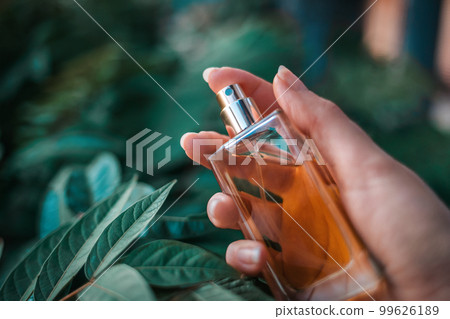 A female's hand sprays perfume in a square bottle. Tropical exotic leaves in the background. Close-up, top view. The concept of perfume advertising 99626189
