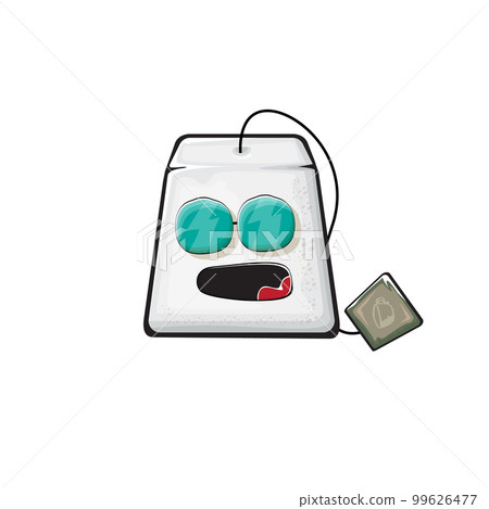 Cartoon tea bag characters isolated on white background. Funky paper tea bag character with eyes and mouth. Vector white teabag with clip art, emoji, label and sticker Cartoon tea bag characters isolated on white background. Funky paper tea bag character with eyes and mouth. Vector white teabag with clip art, emoji, label and sticker 99626477