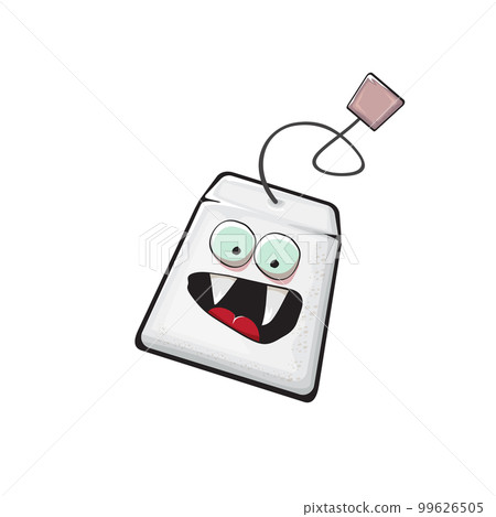 Cartoon tea bag characters isolated on white background. Funky paper tea bag character with eyes and mouth. Vector white teabag with clip art, emoji, label and sticker Cartoon tea bag characters isolated on white background. Funky paper tea bag character with eyes and mouth. Vector white teabag with clip art, emoji, label and sticker 99626505