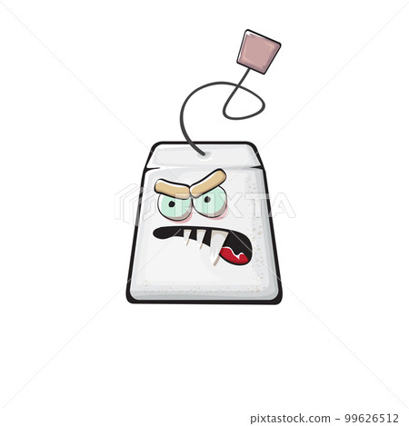 Cartoon tea bag characters isolated on white background. Funky paper tea bag character with eyes and mouth. Vector white teabag with clip art, emoji, label and sticker 99626512