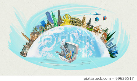 World religious and architecture monuments - collage or globe from different religions from Bali, Thailand, Cambodia at Asia and Florens, Spain in Europe. Travel and tourism with famous world World religious and architecture monuments - collage or globe from different religions from Bali, Thailand, Cambodia at Asia and Florens, Spain in Europe. Travel and tourism with famous world 99626517