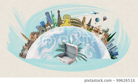World religious and architecture monuments - collage or globe from different religions from Bali, Thailand, Cambodia at Asia and Florens, Spain in Europe. Travel and tourism with famous world 99626518