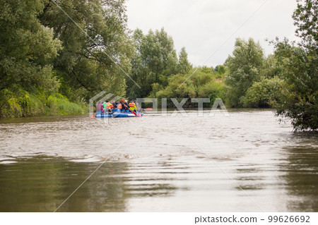 competition of teams on catamarans on the river, rafting 99626692
