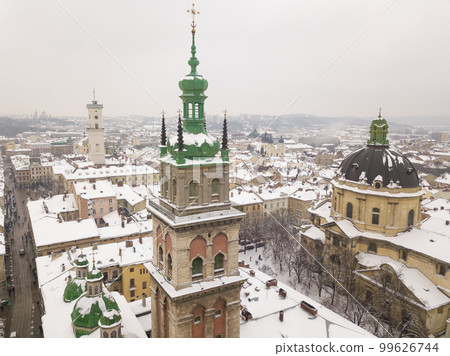 Ukraine, Lviv city center, old architecture, drone photo, bird's eye view in winter Ukraine, Lviv city center, old architecture, drone photo, bird's eye view in winter 99626744