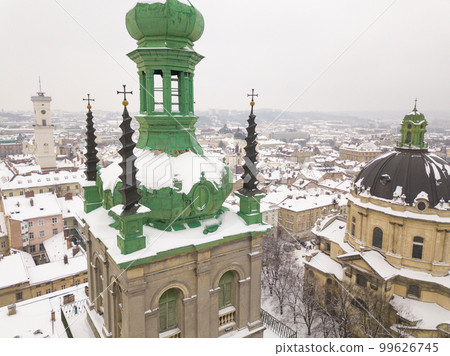 Ukraine, Lviv city center, old architecture, drone photo, bird's eye view in winter Ukraine, Lviv city center, old architecture, drone photo, bird's eye view in winter 99626745