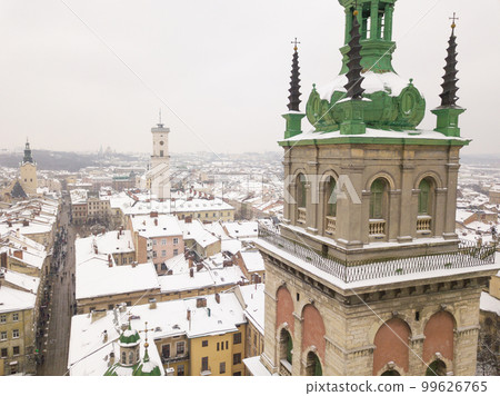 Ukraine, Lviv city center, old architecture, drone photo, bird's eye view in winter Ukraine, Lviv city center, old architecture, drone photo, bird's eye view in winter 99626765