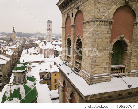 Ukraine, Lviv city center, old architecture, drone photo, bird's eye view in winter Ukraine, Lviv city center, old architecture, drone photo, bird's eye view in winter 99626767