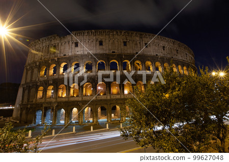 rome, italy, colosseum old ancient building gladiator battle at night. rome, italy, colosseum old ancient building gladiator battle at night. 99627048