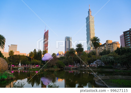 Taiwan Taipei City Twilight Sunrise Memorial Hall Cuihu and Taipei Buildings 99627115