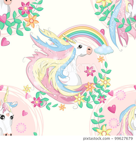 Seamless pattern with unicorns, donuts rainbow, confetti and other elements Seamless pattern with unicorns, donuts rainbow, confetti and other elements 99627679