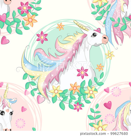 Seamless pattern with unicorns, donuts rainbow, confetti and other elements Seamless pattern with unicorns, donuts rainbow, confetti and other elements 99627680