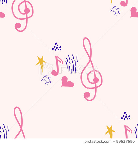 Pink, blue pastel texture with musical notes and a treble clef. Template 99627690