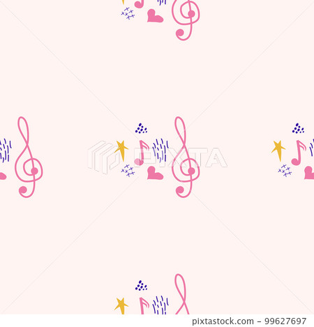 Treble clef, notes, heart, stars, abstract elements seamless pattern in pink, blue pastel colors. Music backdrop Treble clef, notes, heart, stars, abstract elements seamless pattern in pink, blue pastel colors. Music backdrop 99627697