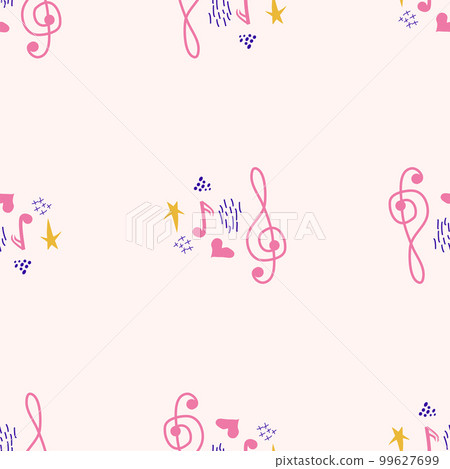 Treble clef, notes, heart, stars, abstract elements seamless pattern in pink, blue pastel colors. Music backdrop 99627699