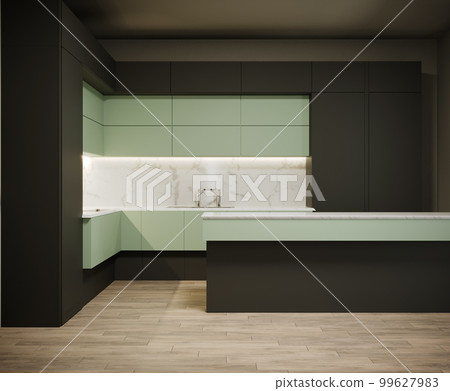 3d rendering of new bright kitchen black and olive color furniture 3d rendering of new bright kitchen black and olive color furniture 99627983