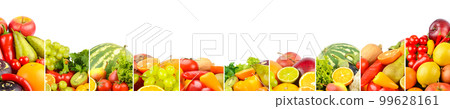 Wide panorama healthy fruits and vegetables separated by vertical lines on white. 99628161