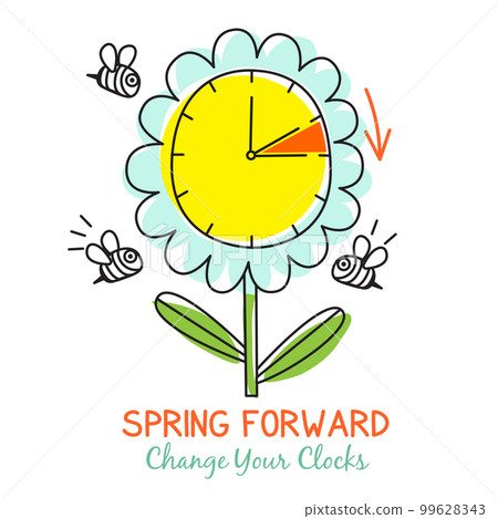 Spring Daylight Saving Time banner in cartoon doodle style with funny clock and schedule 99628343