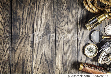 Medieval nautical instruments top view with copy space 99628354