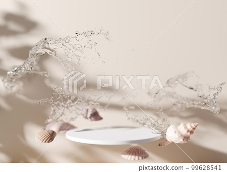 White podium with water splash and sea shells on cream background. Beautiful mock up for product, cosmetic presentation. Pedestal or platform for beauty products. Empty scene, stage. 3D rendering. 99628541