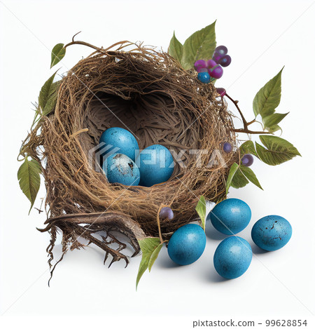 Thrush nest with blue eggs isolated on white background close-up, cute easter background 99628854