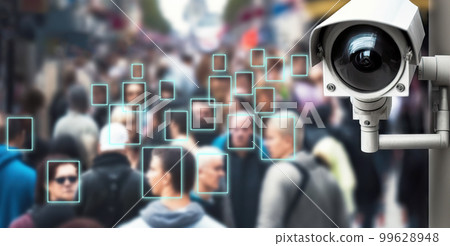 A surveillance camera in a busy street using facial recognition technology to monitor the population. Generative AI illustration A surveillance camera in a busy street using facial recognition technology to monitor the population. Generative AI illustration 99628948