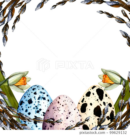 Watercolor easter frame with willow branches, daffodils, eggs. Spring illustration on white background for decor 99629132