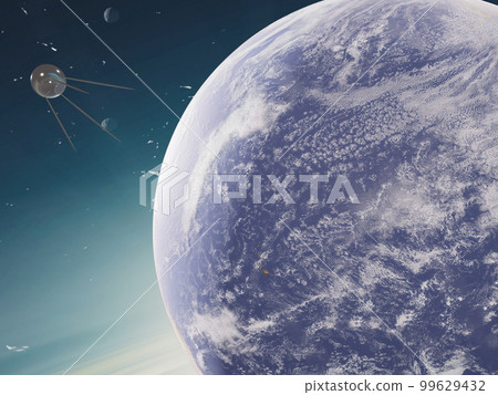 Satellite orbiting the water planet in outer space 99629432