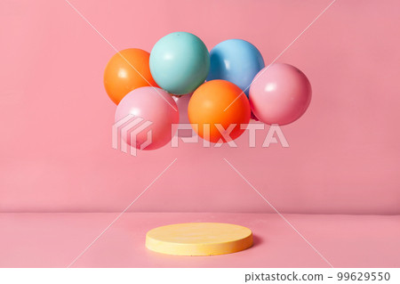 Product podium stage with pastel color balloons Product podium stage with pastel color balloons 99629550