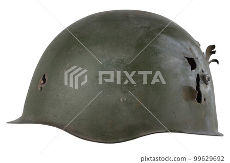 Russian invasion in Ukaraine 2022. Equipping mobilized - ?ld type russian army helmet with bullet holes. Russian invasion in Ukaraine 2022. Equipping mobilized - ?ld type russian army helmet with bullet holes. 99629692