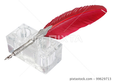 Old red fountain pen with inkwell on white background Old red fountain pen with inkwell on white background 99629713