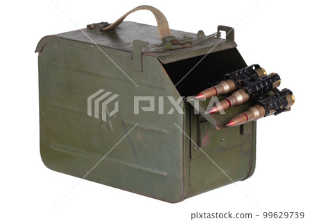 Ammo box with ammunition belt and 12.7mm cartridges for heavy machine gun DSHK used by the former Soviet Union isolated on white. Ammo box with ammunition belt and 12.7mm cartridges for heavy machine gun DSHK used by the former Soviet Union isolated on white. 99629739