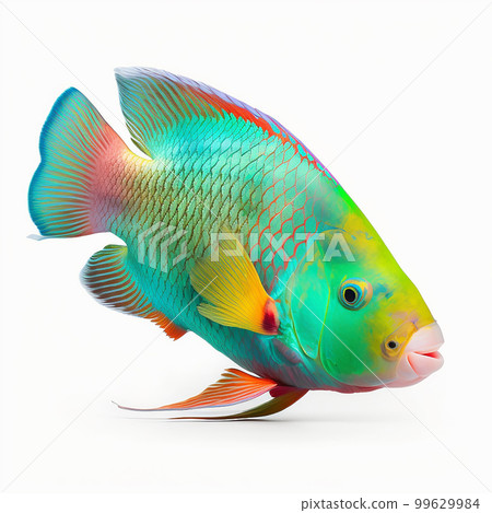 Very beautiful bright turquoise tropical fish Parrot isolated on white close-up, unusual fish Very beautiful bright turquoise tropical fish Parrot isolated on white close-up, unusual fish 99629984