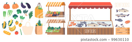 Set of Food Market Stalls Displaying Fresh Products And Goods. Outdoor Setting With Vendors Booths Vector Illustration Set of Food Market Stalls Displaying Fresh Products And Goods. Outdoor Setting With Vendors Booths Vector Illustration 99630110