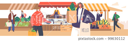 Crowded Food Market With Diverse People Shopping For Fresh Products. Stall Owners Display Their Wares 99630112