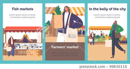 Cartoon Banners with Crowded Food Market With People Shopping For Fresh Products. Stall Owners Display Their Wares 99630118
