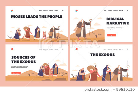 Moses Leads the People Landing Page Template Set. Biblical Prophet Guides Israelites Through Desert Vector Illustration Moses Leads the People Landing Page Template Set. Biblical Prophet Guides Israelites Through Desert Vector Illustration 99630130