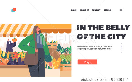Farmer City Market Landing Page Template. Busy And Bustling Market Represents A Hub Of Food Commerce Vector Illustration 99630135