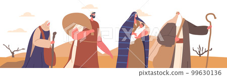 Moses Character Guides Israelites Through Desert Background With Sand Dunes. Man With Raised Staff In Hand Guides People 99630136