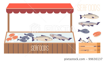 Outdoor Food Market Stall Filled With Fresh Fish And Seafood Arranged On Ice. Sustainable Fishing, Or Local Cuisine 99630137