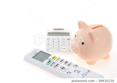 Electricity saving image Air conditioner remote control, calculator and piggy bank 99630156