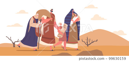 Group Of Adult And Kid Israelite Characters With Belongings Walking Through Desert With Mountainous Terrain 99630159