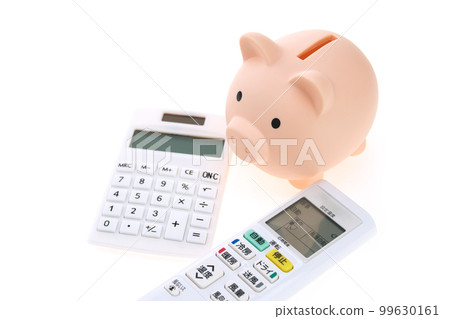 Electricity saving image Air conditioner remote control, calculator and piggy bank 99630161