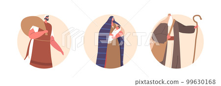 Isolated Round Icons Or Avatars With Moses Character Holding Staff, Israelite Man With Belongings And Woman With Newborn 99630168